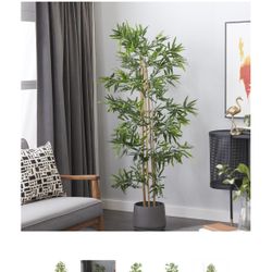 GREEN FAUX FOLIAGE BAMBOO INDOOR OUTDOOR ARTIFICIAL TREE WITH REALISTIC LEAVES AND BLACK PLASTIC POT, 34" X 32" X 72"