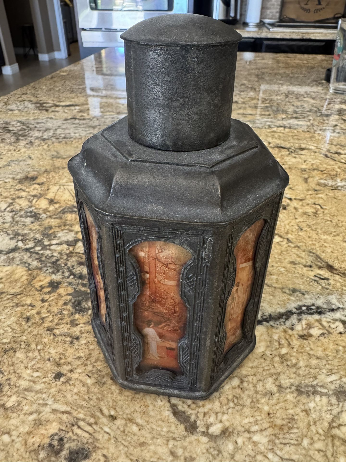 Antique Chinese Bronze Tea Caddy Octagonal w Hand Painted Panels Signed