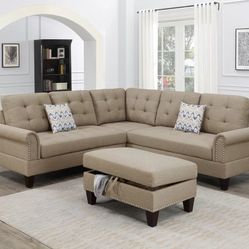 Brand New Beige Sectional Sofa w Storage Ottoman 