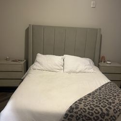 Queen Bed Frame, Mattress, 2 Night Stands