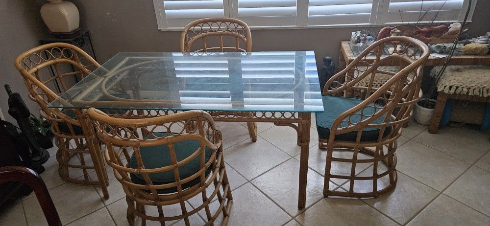 Rattan And Glass TopTable And Chairs