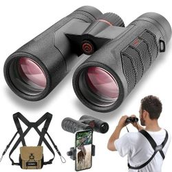 10x42 Ultra HD Binoculars with Phone Adapter and Harness - 24mm Large View Eyepiece, Edge-to-Edge Sharpness, 6.5° Wide Angle Field of View - Lightweig