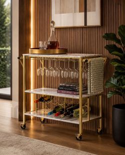 Modern Gold Bar Cart with Faux Marble Shelves, Wine Rack & Glass Holder