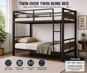 🛏️ Heavy-Duty Twin Size Metal & Wood Bunk Bed – Black
