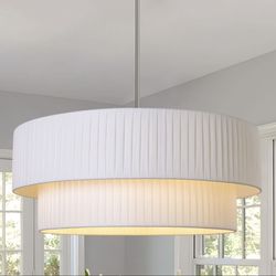 LamQee 3-Light Modern Drum Chandelier 2-Tier Semi-Flush Mount Pendant Light Fixtures Nickel with Fabric Lampshades 23.6 inch