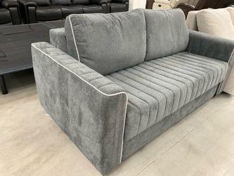 sleeper Sofa bed Queen size gray color fabric upholstered.