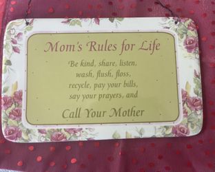 Ceramic hanging wall plat with leyend. Mom’s rules for life