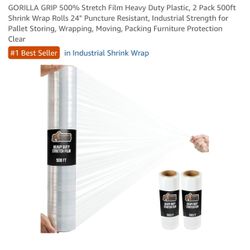 GORILLA GRIP 500% Stretch Film Heavy Duty Plastic, 2 Pack 500ft Shrink Wrap Rolls 24" Puncture Resistant, Industrial Strength for Pallet Storing, Wrap