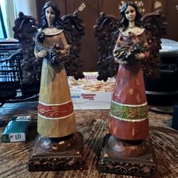 Pair Of Melrose International 13" Standing Resin Angel Holding Fruit Bundle Harvest Art 