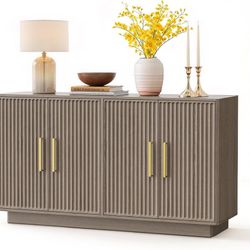 55” Modern Fluted Sideboard Buffet Cabinet, 4-Door Storage Credenza Mid-Century Coffee Bar Station with Adjustable Shelves for Kitchen & Living Room &