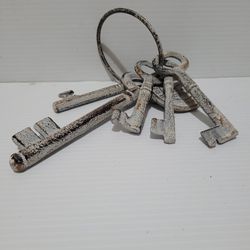 Decorative Cast Iron Replica Skeleton Keys 5 And Medallion On A Metal Key Ring.