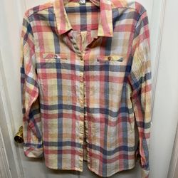 Pendleton Women’s Pink, Yellow & Blue Plaid Cotton Button Down Shirt Size XL Great Condition 