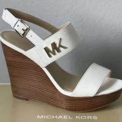 Michael Kors MK Women's Heels White Leather Wedge Open Toe Sandals - Size 6.5
