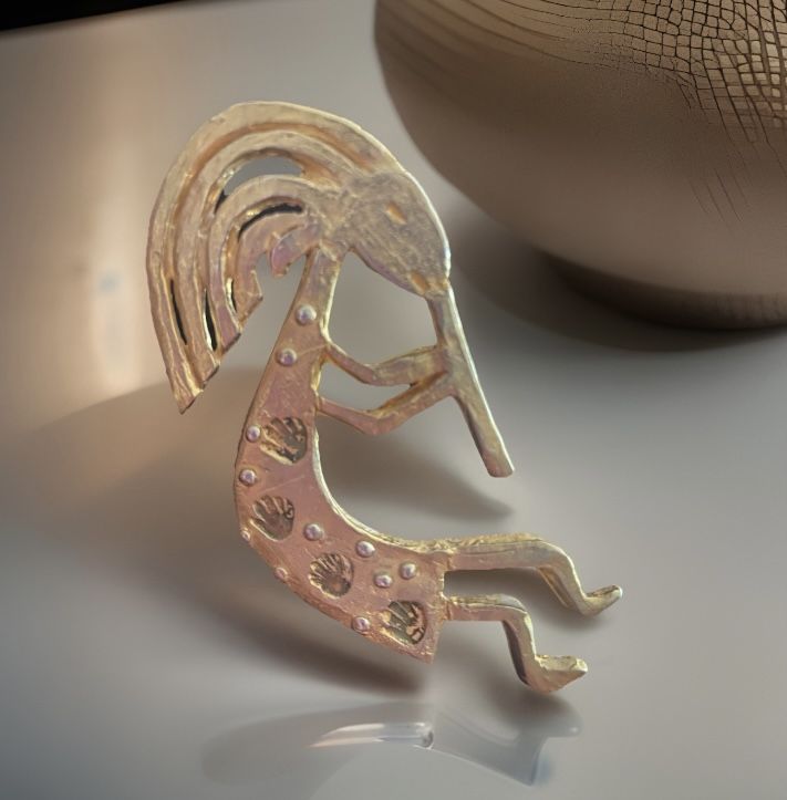 Vintage Kokopelli Fertility Deity Gold Tone Large Brooch 3.5”