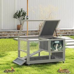 "Wooden 2-Tier Rabbit Hutch, 35inch Outdoor Bunny Cage with Wheels, Small Animal Pet Cage with Ramp, Tray, Doors, Openable Top, Lockable, Gray, NEW  A