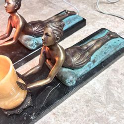 Pair Of Very Rare Vintage European Solid Bronze Lady Lamp on Marble Base - 15”x5” 7”H - With European Plug Adapter 