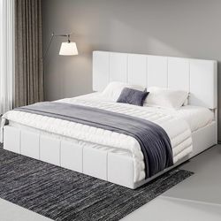 Full Size Dutch Velvet Upholstered Platform Bed Frame, White Vertical Channel Tufted Adjustable Headboard, Low Profile Bed Frame, No Box Spring Needed