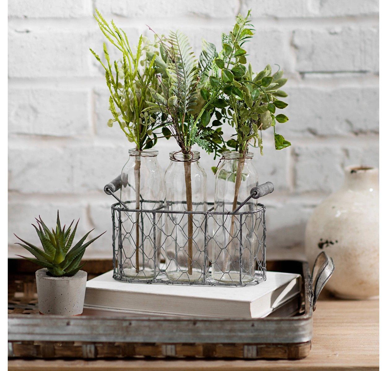 Plants Set of 3 with Bottles and Metal Vase