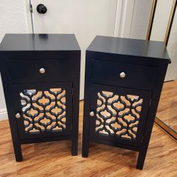 Set of 2 Navy Blue Lattice Mirrored Nightstand End Table Accent Cabinet