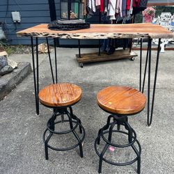 Live edge Wood Table & 2 Adjustable Stools