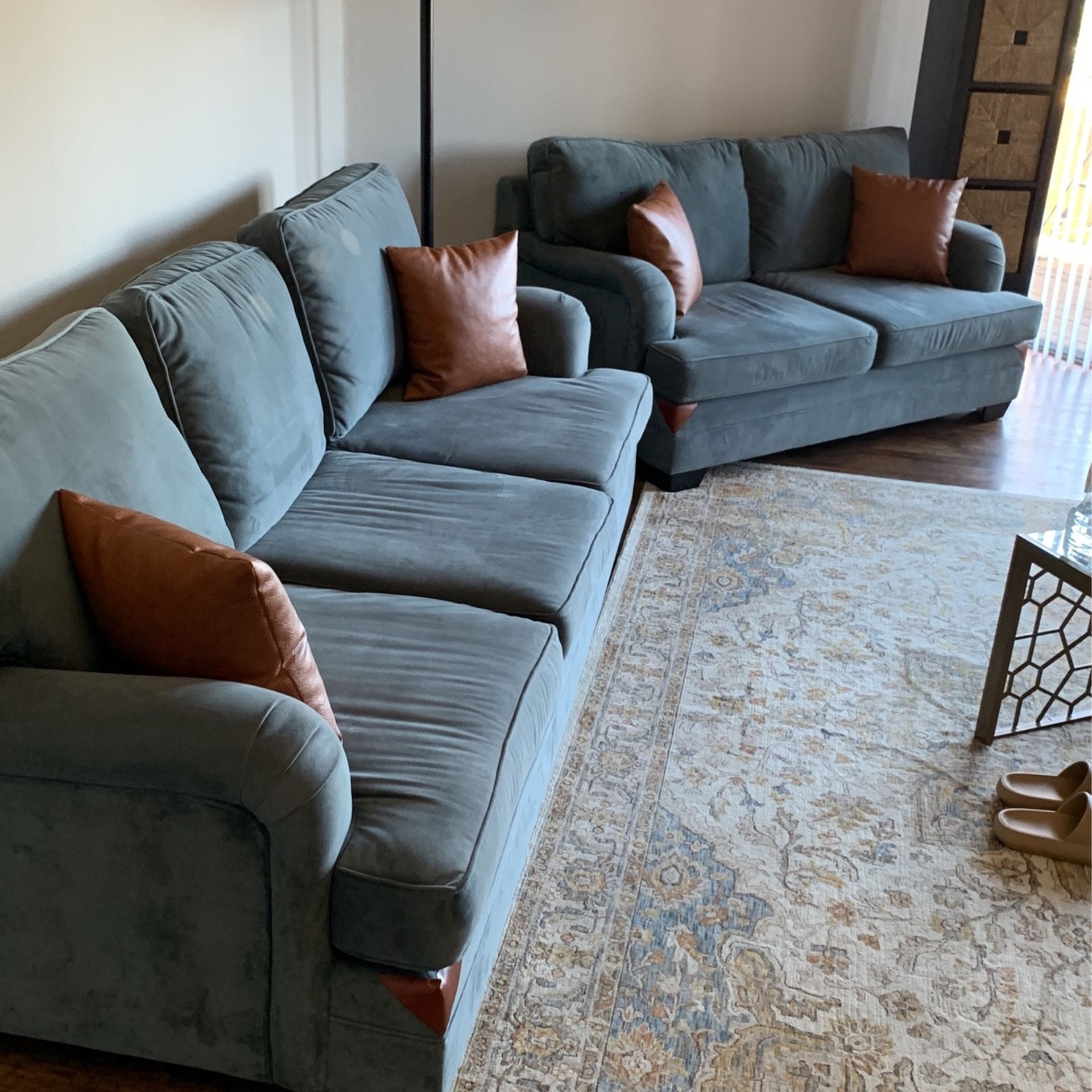 Leather and Microsuede Contrast Designer Sofa & Loveseat