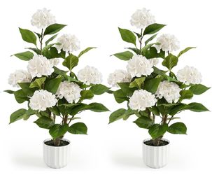 Realistic 3ft Faux Hydrangea Plants in White Ribbed Planters with White Flowers Lifelike Greenery.