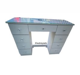 White vanity desk with crystal knobs glass top