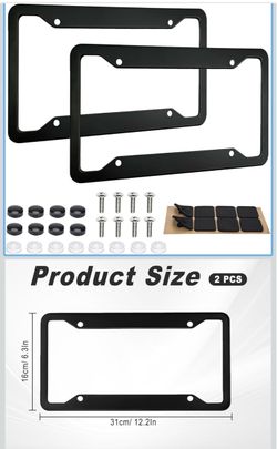 2 Pack Black License Plate Frames - Heavy Duty Stainless Steel Car License Plate Frame with 4 Holes, Rattle Proof Rustproof with Mounting Screws & Cap