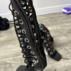 Black Knee High Lace Heels