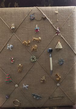 Vintage pin collection, burlap board included