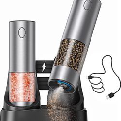 Electric Rechargeable Salt and Pepper Grinder Set - USB-C Charging Base, Large Capacity 100ml, Adjustable Coarseness, Stainless Steel Automatic (2 Pac