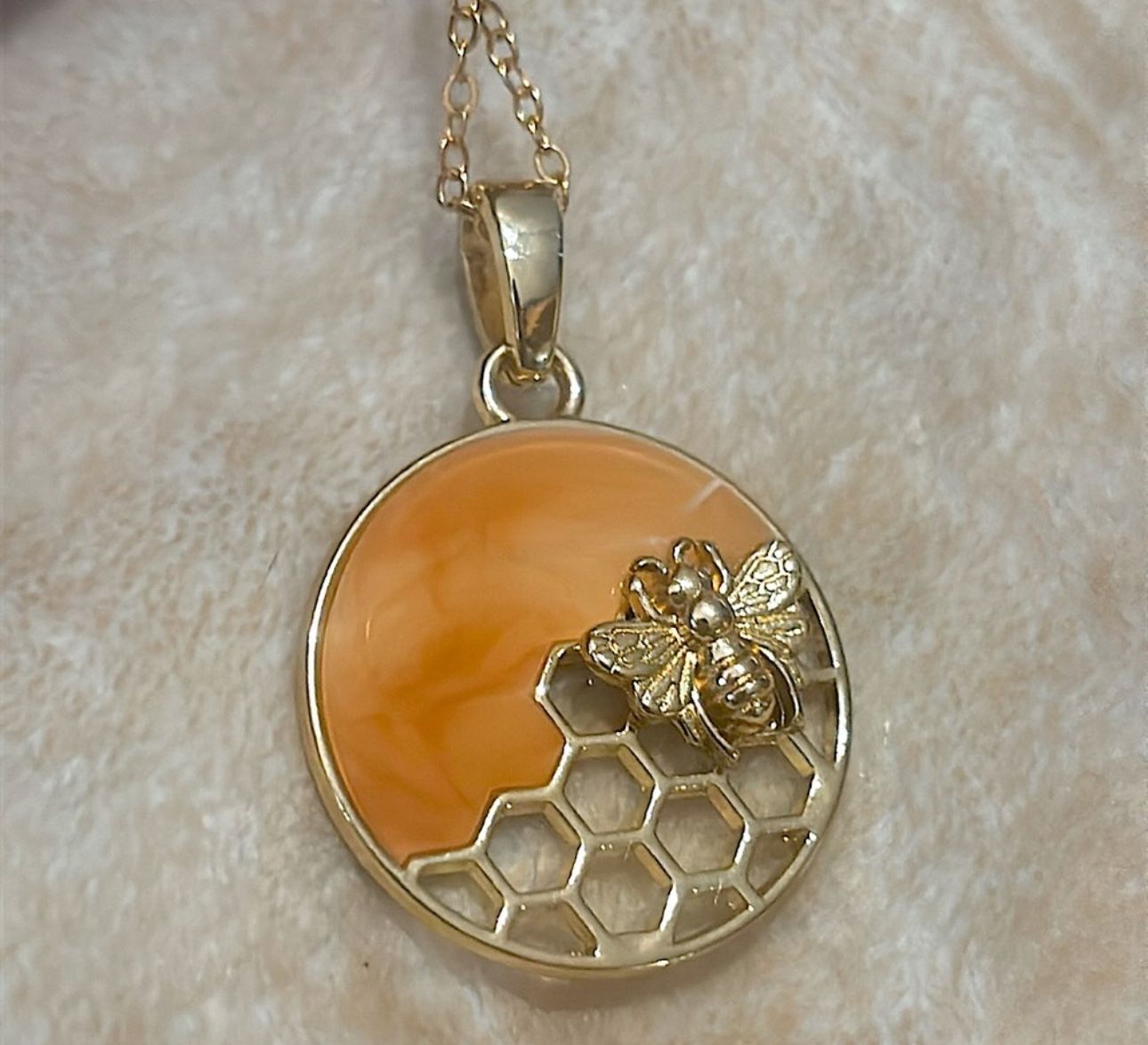 Gold Necklace with Bee and Honeycomb Pendant
