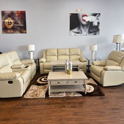 Beige manual reclining sofa + loveseat + chair )