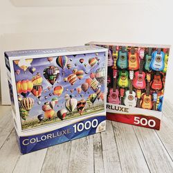 Colorluxe Premium Puzzles 1000 Piece Hot Air Balloons and 500 Piece Colorful Acoustic Guitars Jigsaw Puzzles Set. Factory Sealed, New.

Makes a great 