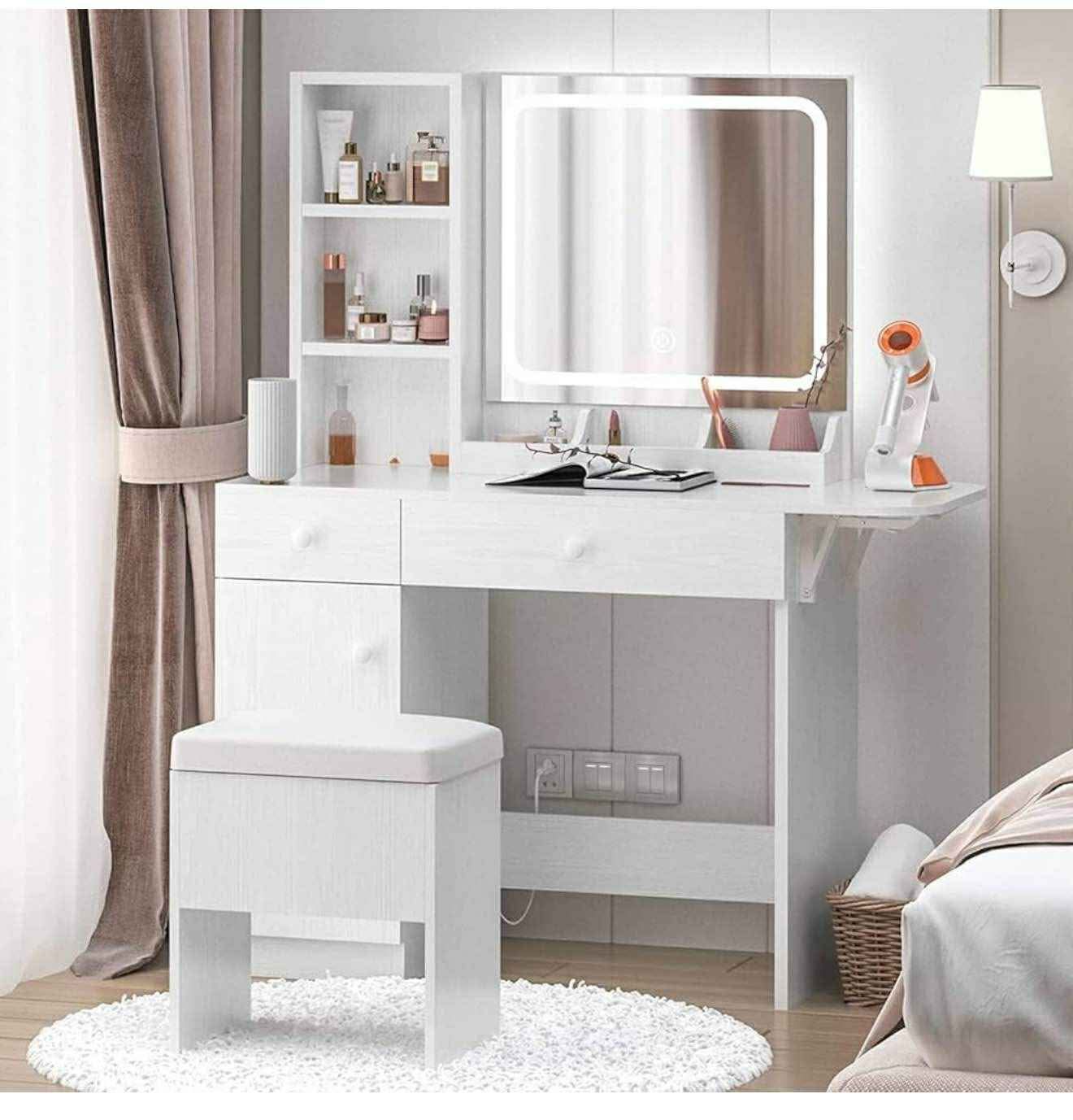 Vanity Desk with LED Lighted Mirror  with Drawers & Cabinet, Stool, White S-5