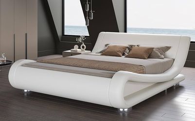 Queen Size Sleigh Bed Frame, Low Profile, Faux Leather, White Upholstered Platform Beds, Ergonomics Adjustable Headboard, Heavy Duty Strong Support, N