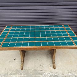 Vintage Solid Wood Trestle Table with Beautiful Teal Tile Top with Wood Strips.