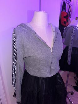 Stylish Grey Cropped Zipper Hoodie/Jacket  w/Checker Design (SIZE S)