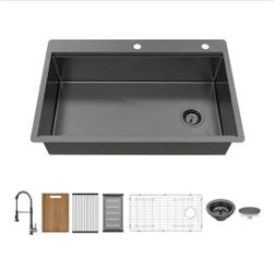 Glacier Bay
33 in. Drop-In Single Bowl 18-Gauge Gunmetal Stainless Steel Workstation Kitchen Sink with Accessories and Faucet