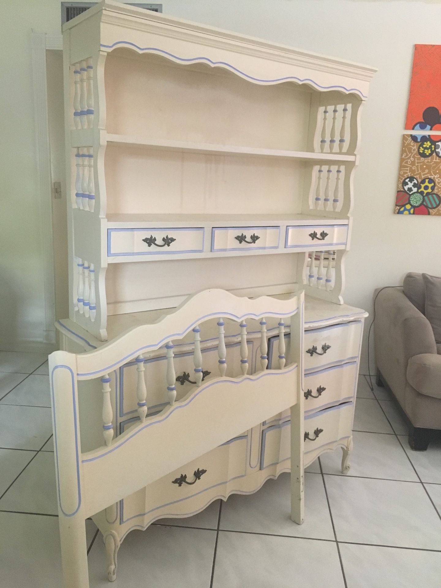 Vintage White and Blue Dresser, Bookcase and Twin Bed Headboard Set