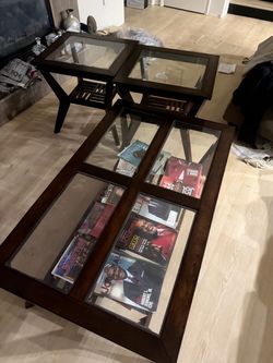 Dark Wood Glass Top Coffee Table and End Tables Set