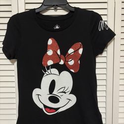 Disney Minnie Mouse Shirt Winking Polka Dot Glitter Top Womens Size XS