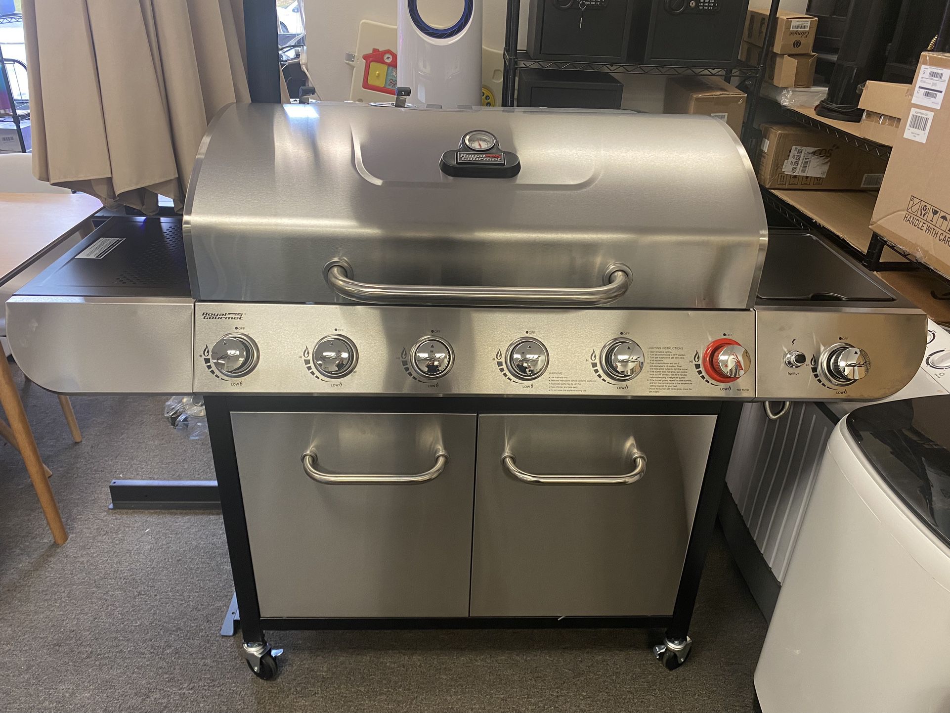 6 BBQ Liquid Propane Grill with Sear and Side Burners, 71,000 BTU Cabinet Style Stainless Steel Gas