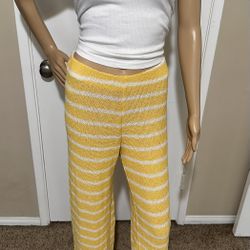 ZARA Knit Striped Yellow and White High Waisted Wide Leg Beach Pants Size Medium