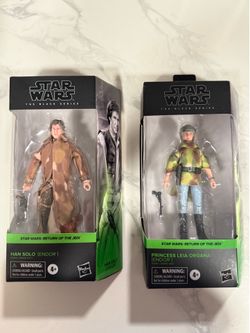 Hasbro Star Wars The Black Series 6-inch action figures of Han Solo and Princess Leia Organa in their Endor gear from Return of the Jedi