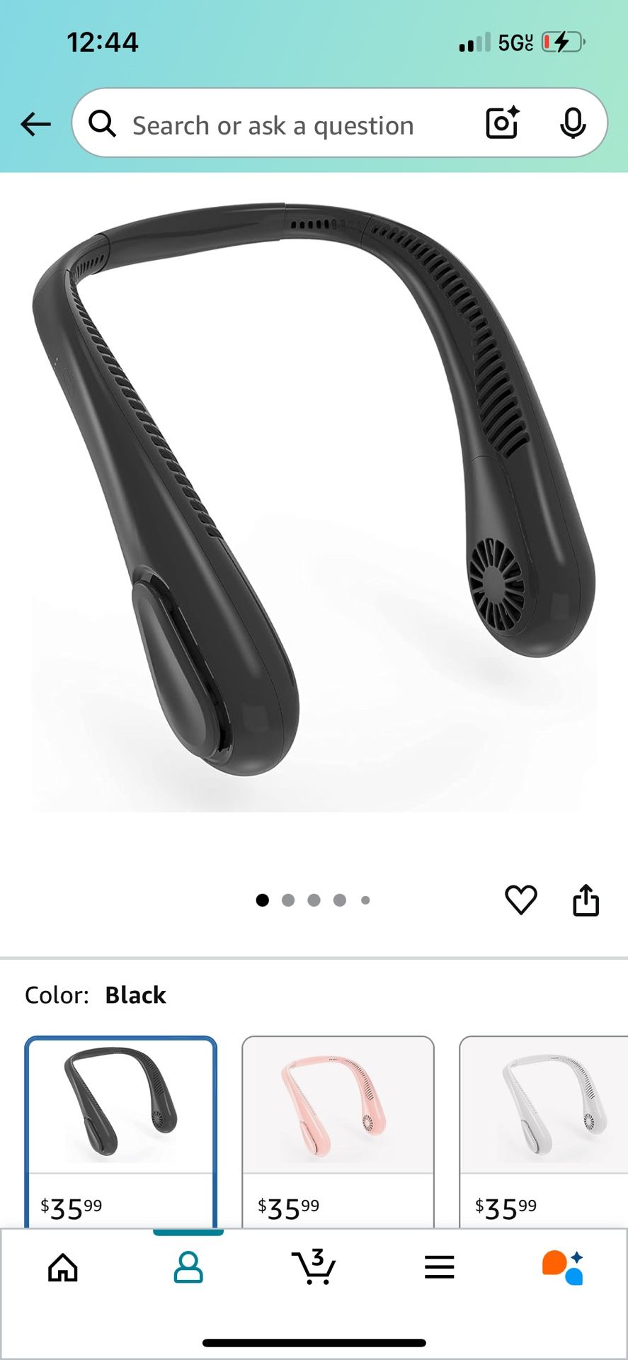 Bladeless Neck Fan, 5000mAh Rechargeable Battery Powered, 3 Speeds, Angle Adjustable, Hand-free Portable Neck Fan 