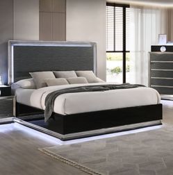 Frame Queen Platform bed Cahrcola Grey  and Black finish, LED Loght Headboard and Footboard. New Especial price