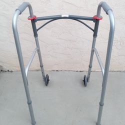 Two Button Folding Walker with Contoured Hand Grips, Adjustable Height, 5” Front Wheels & Rear Glide Caps - Sturdy Steel Frame Supports up to 350 lbs.