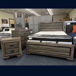 Queen Gray Bedroom Set ( Bed Frame, Dresser , Mirror And One Nightstand)
