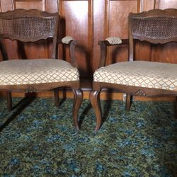 Pair Of Ivory, Gold and Brown Chairs with Cane-Like Back 